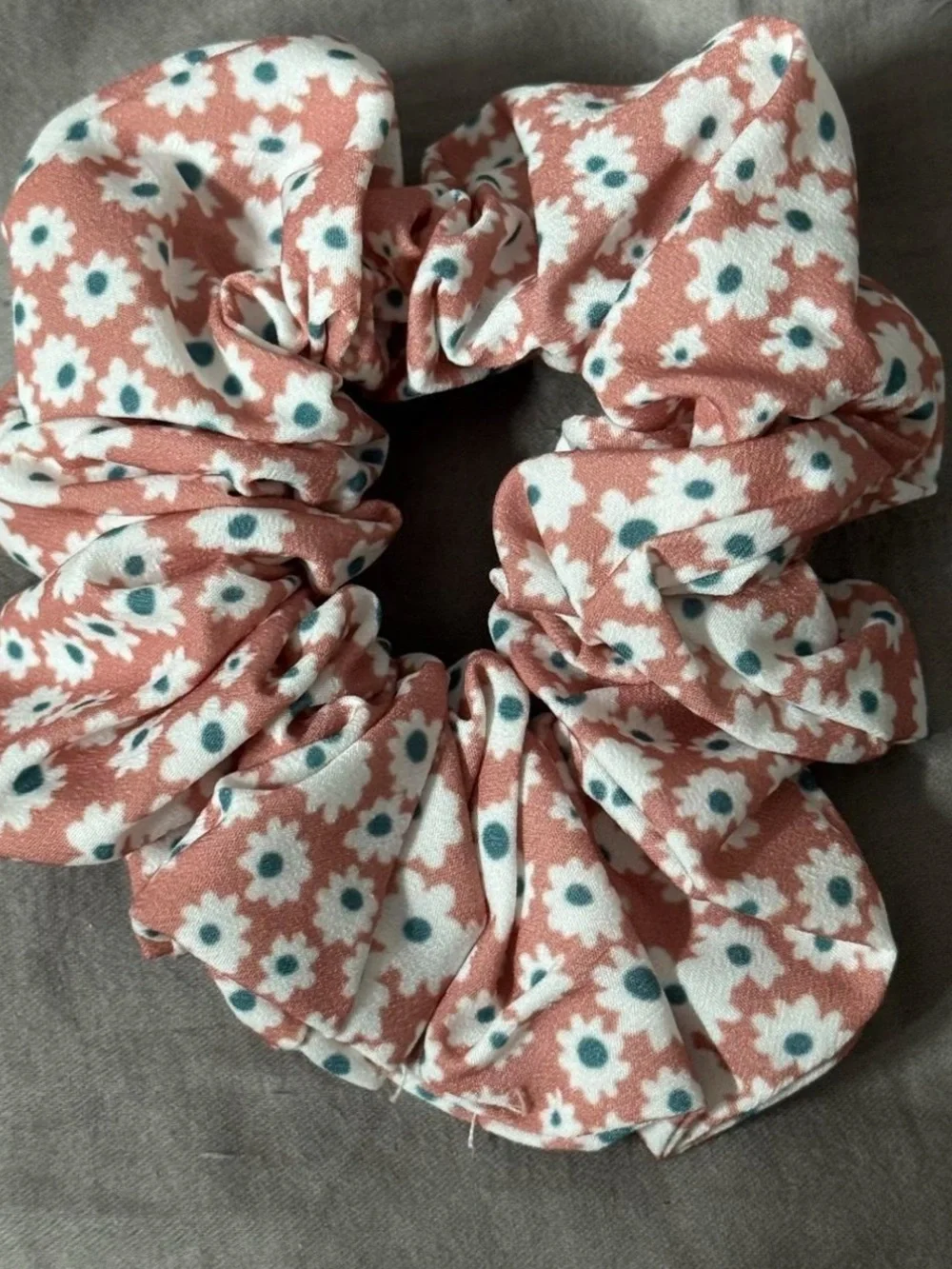Pink scrunchie with white flowers